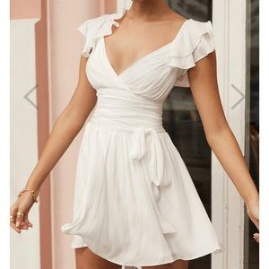 Lola Ruffle Shoulder Ruched Dress White